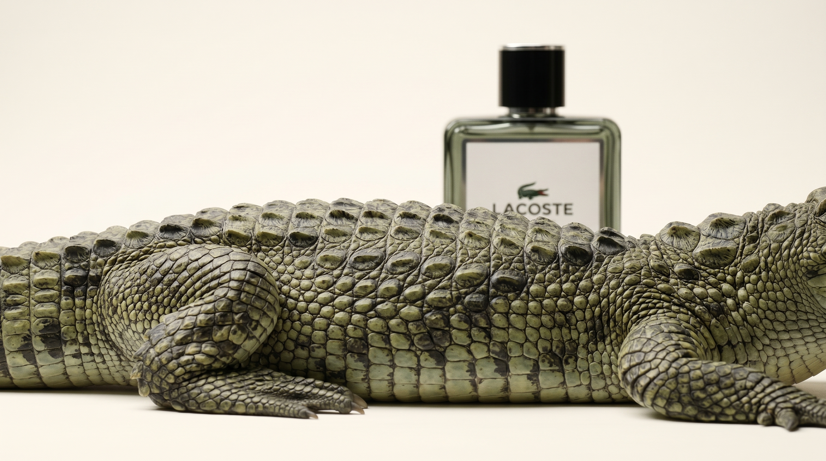 Perfume Lacoste y cocodrilo en una escena de producto de Tamoanchan